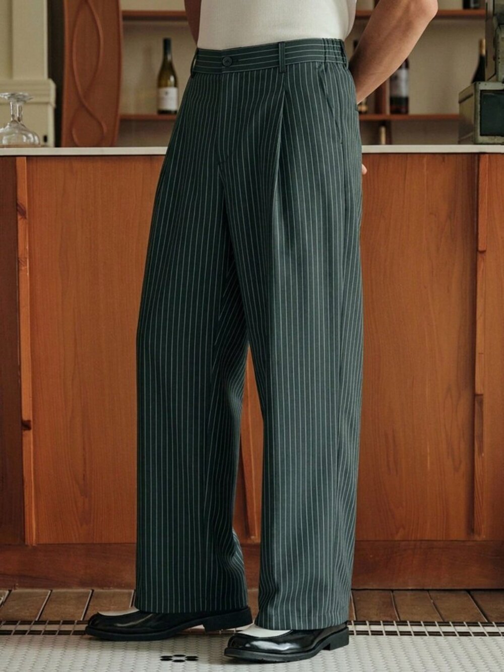 Dark Green Casual Men's Striped Zipper Button Pocket Loose Fit Long Dress Pants